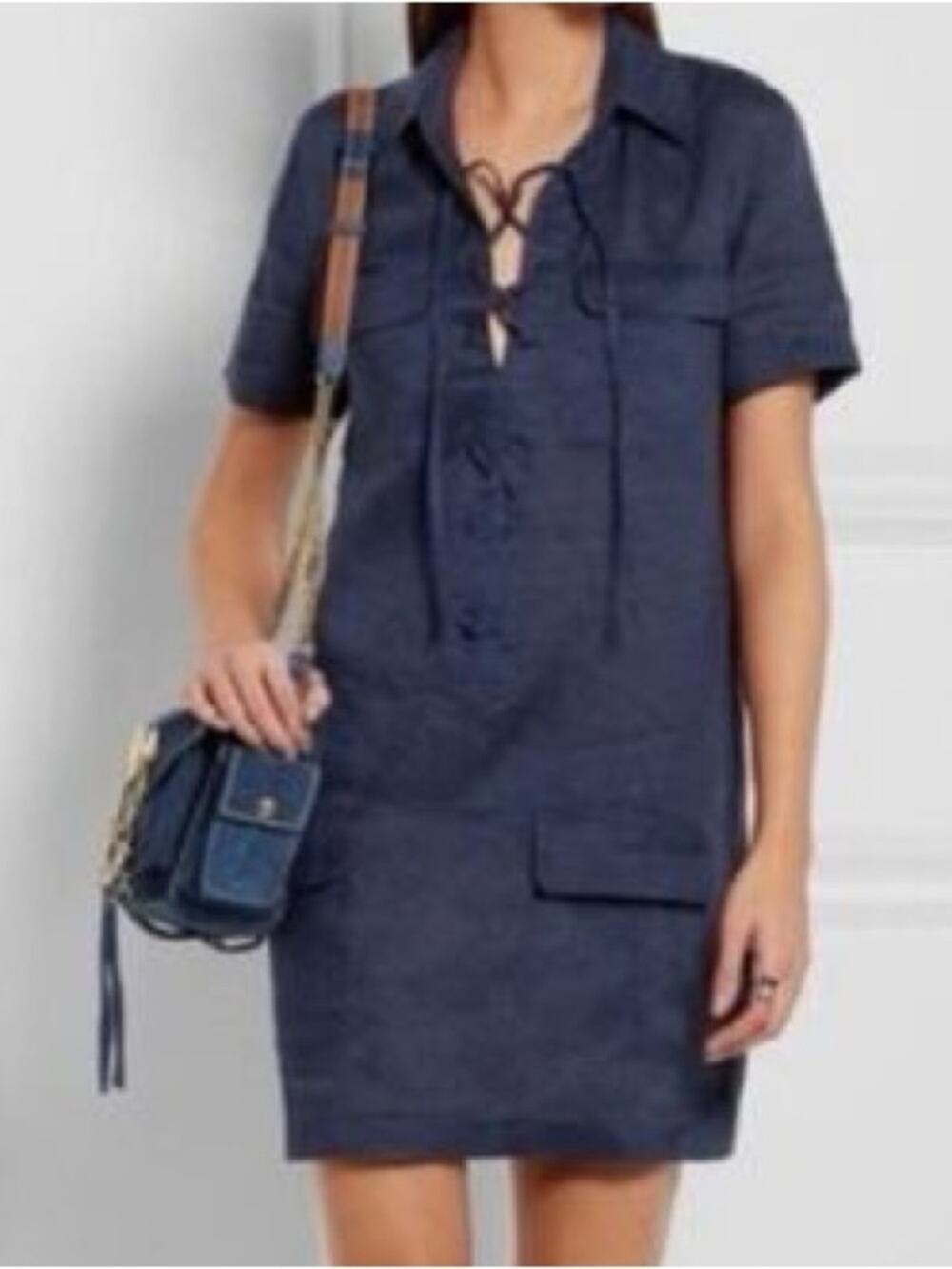 Equipment Navy Blue 100% Linen Knox Mini Dress Small